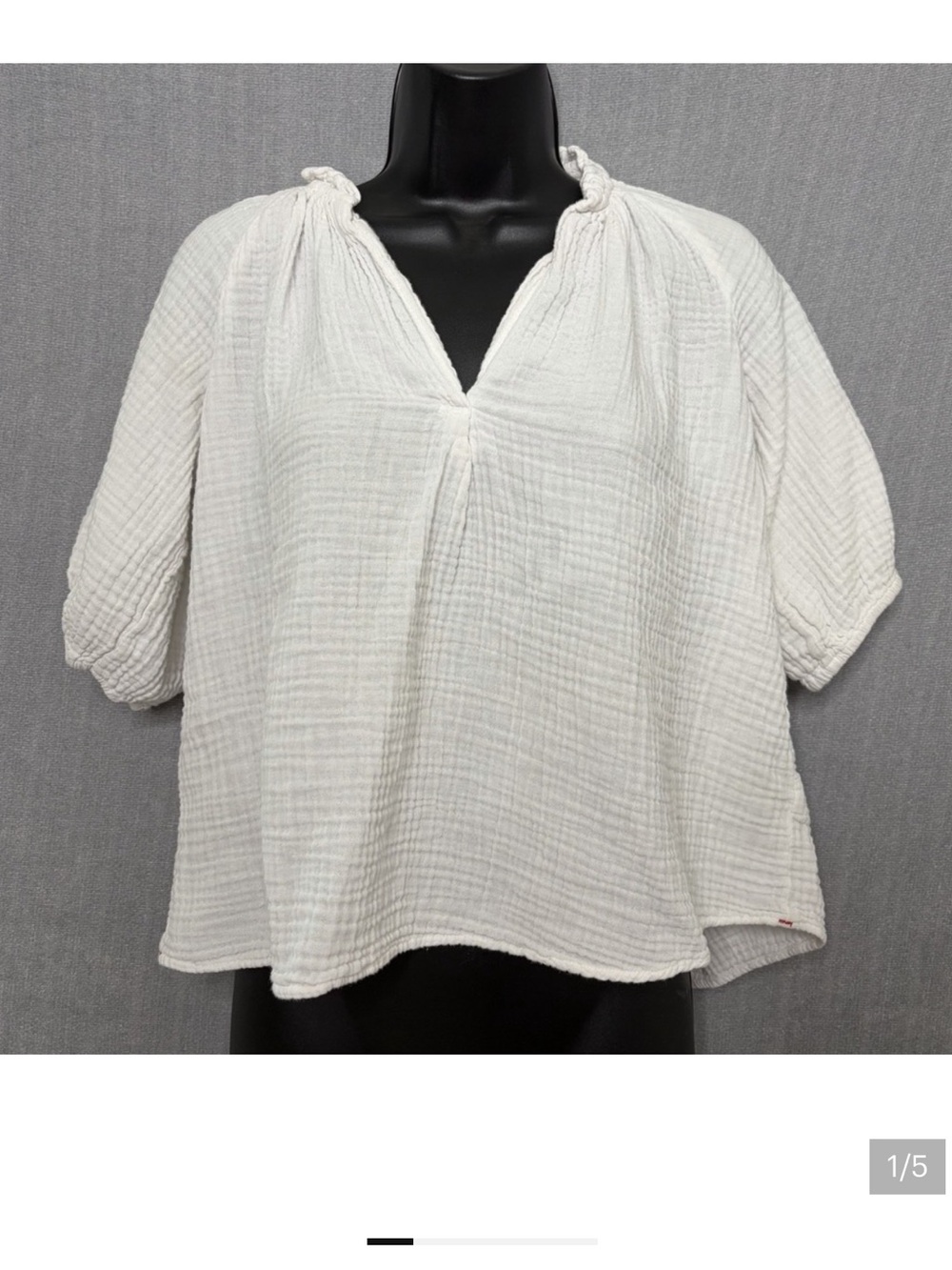 Xirena White Crop Cotton Gauze Puff Sleeve Split Neck Blouse Top XS Cottage Boho
